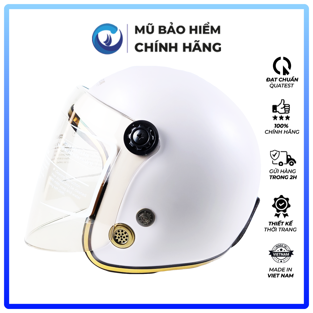 Mũ Bảo Hiểm 3/4 Đầu Có Kính Blue Sea  A100K Màu Trắng Sữa Mờ