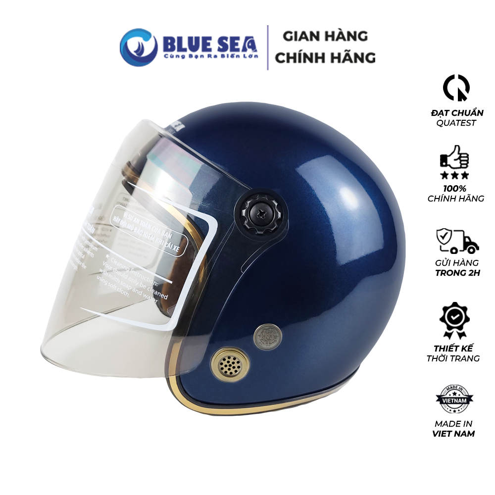 Mũ Bảo Hiểm 3/4 Đầu Có Kính Blue Sea  A100K Màu Xanh Navy Bóng