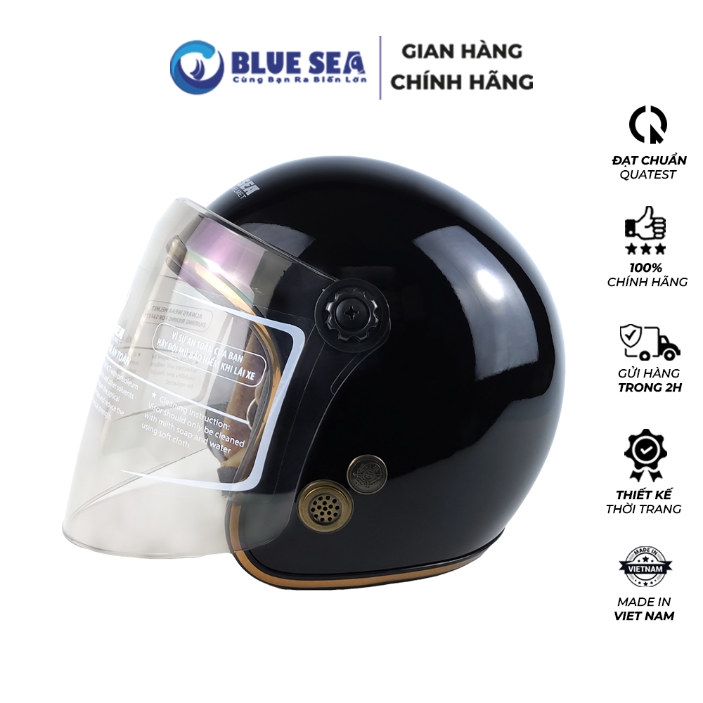 Mũ Bảo Hiểm 3/4 Đầu Có Kính Blue Sea A100K Màu Đen Bóng