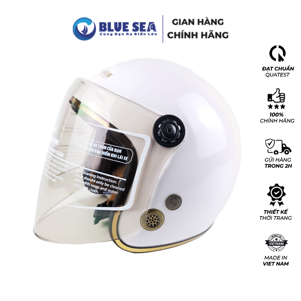 Mũ Bảo Hiểm 3/4 Đầu Có Kính Blue Sea  A100K Màu Trắng Sữa Bóng