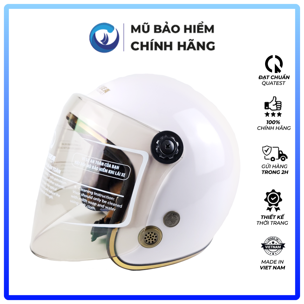 Mũ Bảo Hiểm 3/4 Đầu Có Kính Blue Sea  A100K Màu Trắng Sữa Bóng