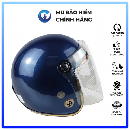 Mũ Bảo Hiểm 3/4 Đầu Có Kính Blue Sea  A100K Màu Xanh Navy Bóng